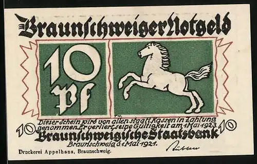 Notgeld Braunschweig 1921, 10 Pfennig, Blick auf die Stadt