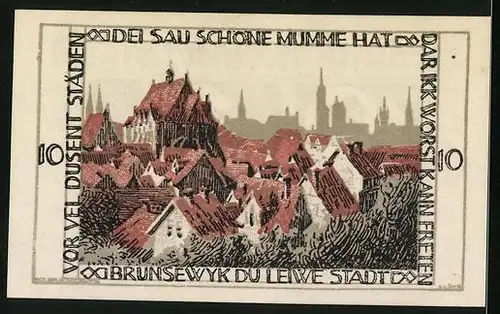 Notgeld Braunschweig 1921, 10 Pfennig, Blick auf die Stadt