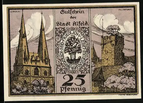 Notgeld Alfeld 1921, 25 Pfennig, Fillerturm, St. Nicolai