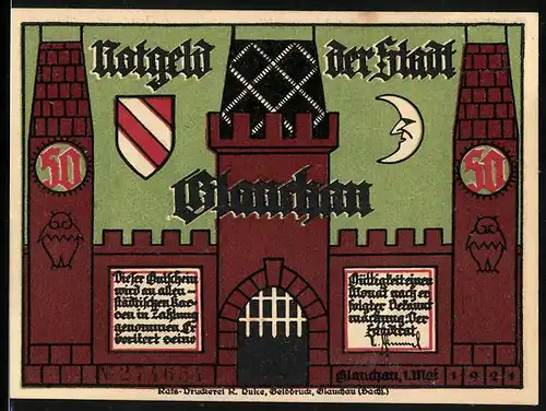Notgeld Glauchau 1921, 50 Pfennig, Stadttor mit Eulen