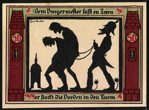 Notgeld Glauchau 1921, 50 Pfennig, Stadttor mit Eulen