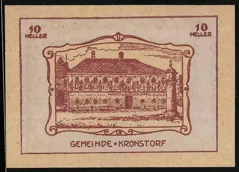 Notgeld Kronstorf 1920, 10 Heller, grosses Gebäude