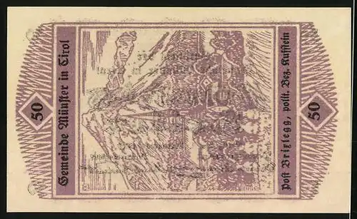 Notgeld Münster in Tirol 1920, 50 Heller, Panorama mit Kirche