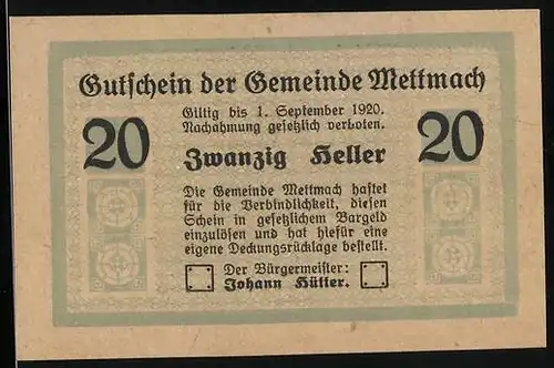 Notgeld Mettmach 1920, 20 Heller, Bürgermeister Johann Hütter
