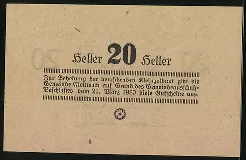 Notgeld Mettmach 1920, 20 Heller, Bürgermeister Johann Hütter