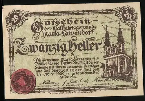 Notgeld Maria-Lanzendorf 1920, 20 Heller, Kirche, Siegel