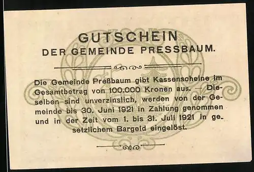 Notgeld Pressbaum 1920, 20 Heller, Ortsansicht