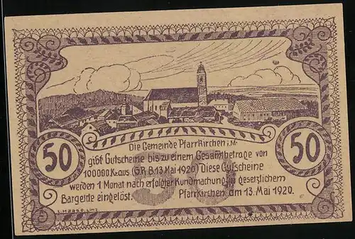 Notgeld Pfarrkirchen 1920, 50 Heller, Ortsansicht