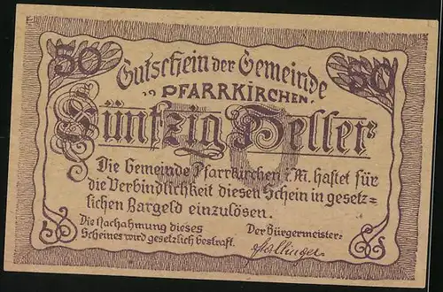 Notgeld Pfarrkirchen 1920, 50 Heller, Ortsansicht