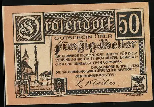 Notgeld Drosendorf a. d. Thaya 1920, 50 Heller, Rolandsäule, Burg