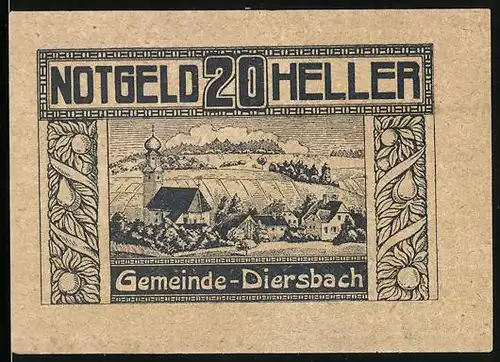 Notgeld Diersbach 1920, 20 Heller, Teilansicht mit Kirche