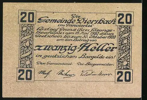 Notgeld Diersbach 1920, 20 Heller, Teilansicht mit Kirche