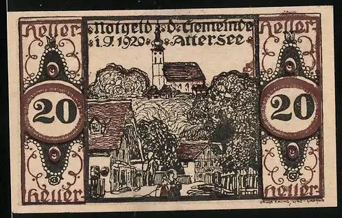 Notgeld Attersee 1920, 20 Heller, Strassenpartie mit Blick zur Kirche