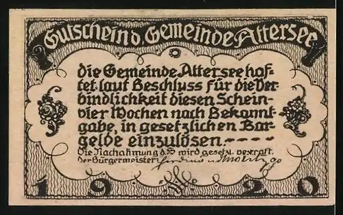 Notgeld Attersee 1920, 20 Heller, Strassenpartie mit Blick zur Kirche