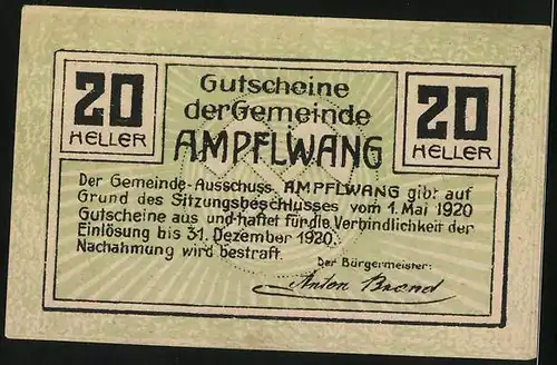 Notgeld Ampflwang 1920, 20 Heller, Stollen-Eingang