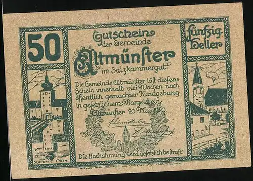 Notgeld Altmünster 1920, 50 Heller, Schloss Orth, Panorama