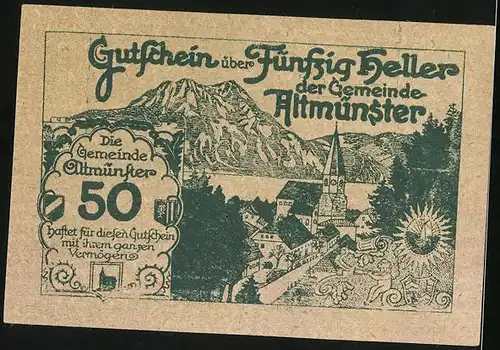 Notgeld Altmünster 1920, 50 Heller, Schloss Orth, Panorama