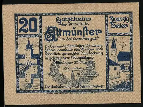 Notgeld Altmünster 1920, 20 Heller, Schloss Orth, Panorama