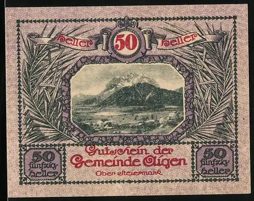 Notgeld Aigen 1920, 50 Heller, Panorama mit Bergen