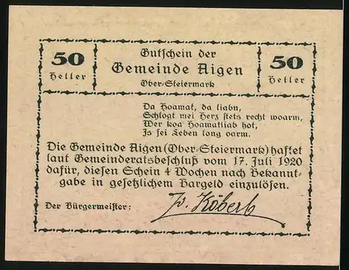 Notgeld Aigen 1920, 50 Heller, Panorama mit Bergen