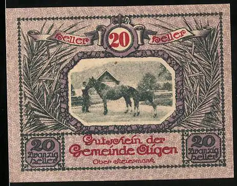 Notgeld Aigen 1920, 20 Heller, Pferdezüchter