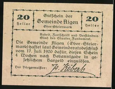 Notgeld Aigen 1920, 20 Heller, Pferdezüchter