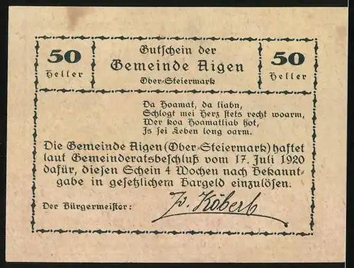 Notgeld Aigen 1920, 50 Heller, Panorama
