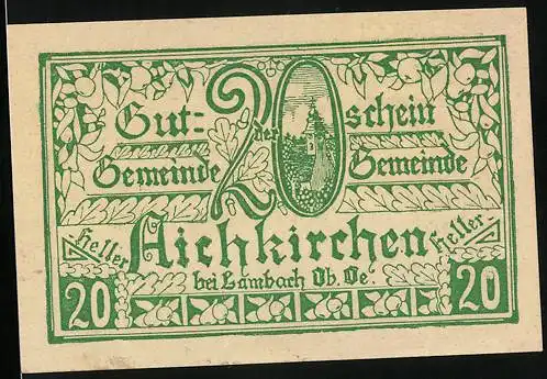 Notgeld Aichkirchen bei Lambach 1921, 20 Heller, Kirche