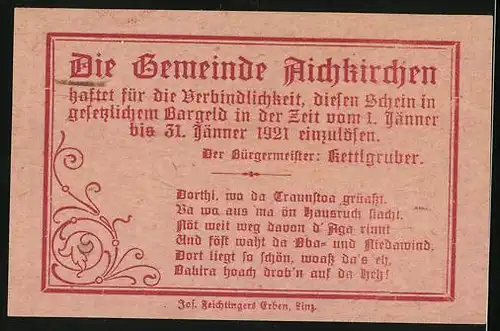 Notgeld Aichkirchen bei Lambach 1921, 10 Heller, Kirche