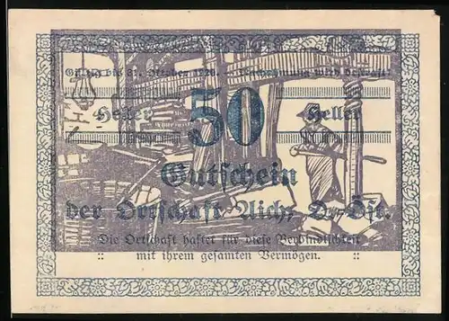 Notgeld Aich 1920, 50 Heller, Arbeiter an der Presse