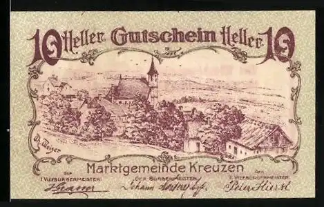 Notgeld Kreuzen, 10 Heller, Teilansicht mit Kirche