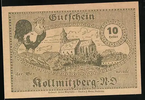 Notgeld Kollmitzberg 1920, 10 Heller, Kirche, Hahn