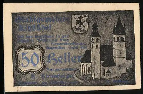 Notgeld Kitzbühel 1920, 50 Heller, Kirche, Wappen