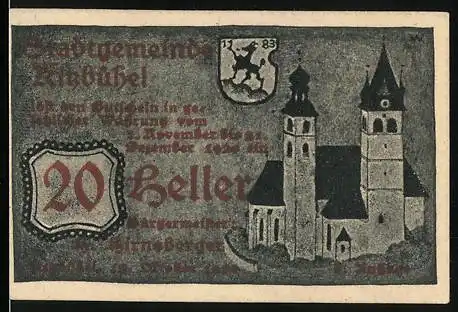 Notgeld Kitzbühel 1920, 20 Heller, Kirche, Wappen