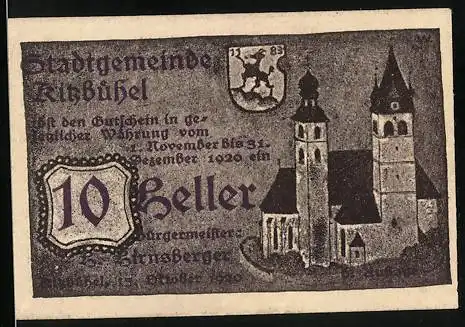 Notgeld Kitzbühel 1920, 10 Heller, Kirche, Wappen