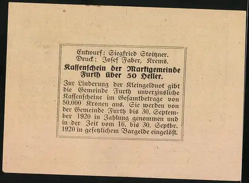 Notgeld Furth bei Göttweig 1920, 50 Heller, Strassenpartie