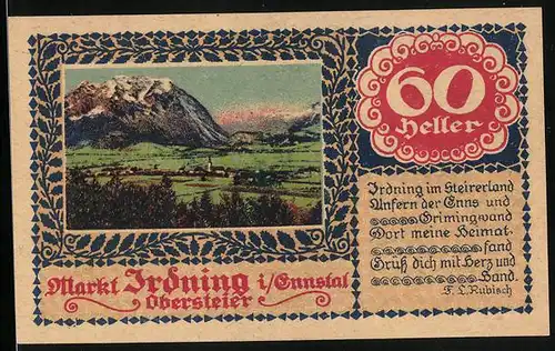 Notgeld Irdning i. Ennstal, 60 Heller, Gebäude, Hermes, Panorama