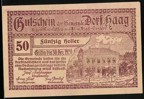 Notgeld Dorf Haag Bezirk Amstetten 1920, 50 Heller, Datzbergers Gasthaus, Schloss St. Hubertus