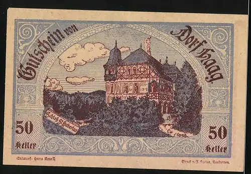 Notgeld Dorf Haag Bezirk Amstetten 1920, 50 Heller, Datzbergers Gasthaus, Schloss St. Hubertus