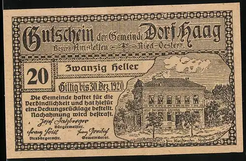 Notgeld Dorf Haag Bezirk Amstetten 1920, 20 Heller, Datzbergers Gasthaus, Schloss St. Hubertus