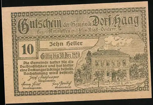 Notgeld Dorf Haag Bezirk Amstetten 1920, 10 Heller, Datzbergers Gasthaus, Schloss St. Hubertus