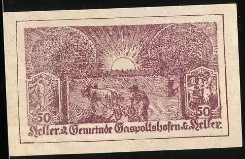 Notgeld Gaspoltshofen 1920, 50 Heller, Bauer beim Pflügen