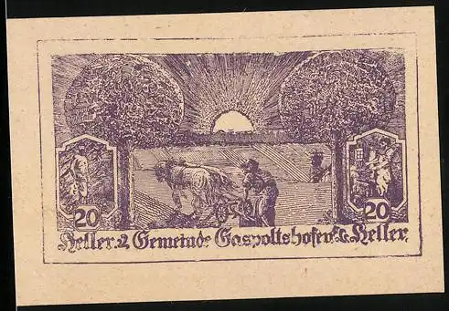 Notgeld Gaspoltshofen 1920, 20 Heller, Bauer beim Pflügen