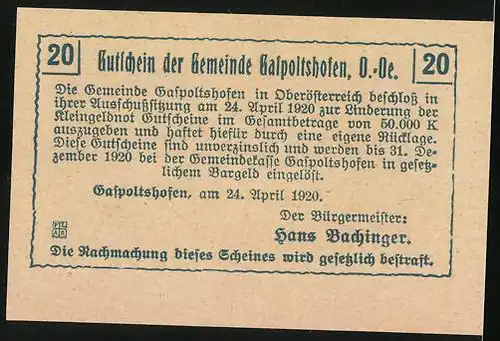 Notgeld Gaspoltshofen 1920, 20 Heller, Bauer beim Pflügen