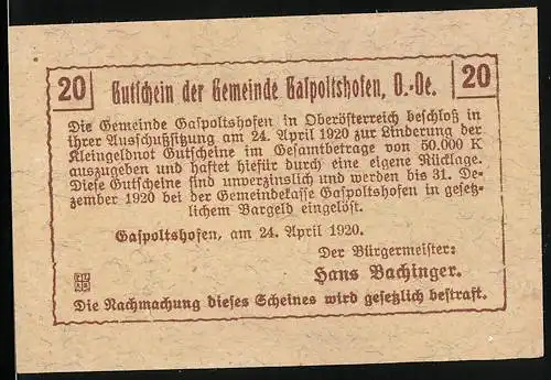 Notgeld Gaspoltshofen 1920, 20 Heller, Bauer beim Pflügen