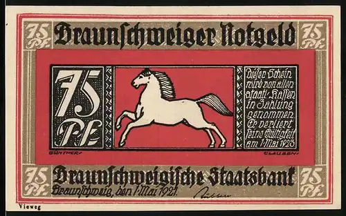 Notgeld Braunschweig 1921, 75 Pfennig, Weisses Pferd