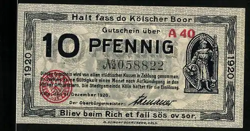Notgeld Köln 1920, 10 Pfennig, Wächter mit Schild