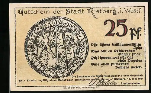 Notgeld Rietberg i. Westf. 1921, 25 Pfennig, Münze
