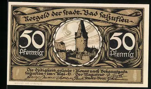 Notgeld Bad Salzuflen 1921, 50 Pfennig, Ortspartie mit Turm