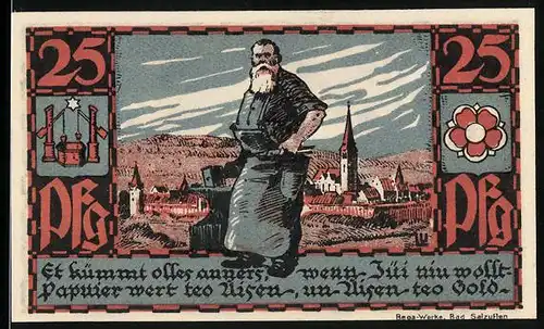 Notgeld Bad Salzuflen 1921, 25 Pfennig, Schmied mit Hammer und Amboss